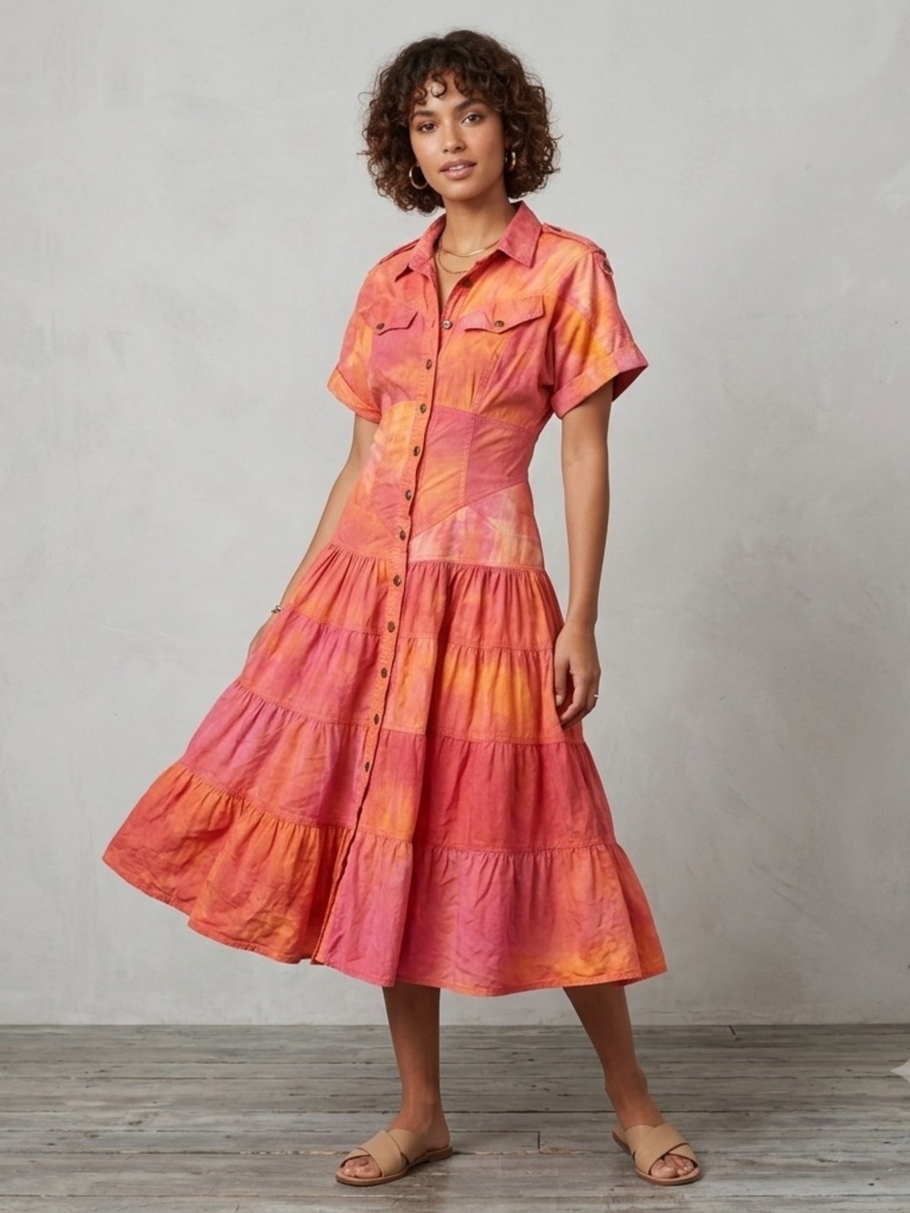 Vintage T.Anthony Orange Pink Tiedye Cotton Shirt Dress Tiered Women’s US 10